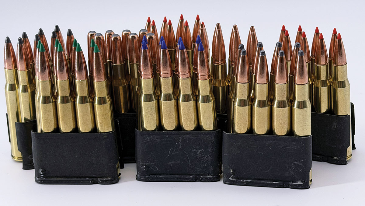 An array of lead-free bullet loads worked up and placed in their clips.